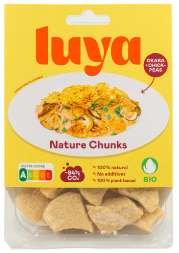 Luya Nature chunks en emballage de 400 grammes sur fond blanc. Luya Nature chunks, une très bonne alternative à la viande.